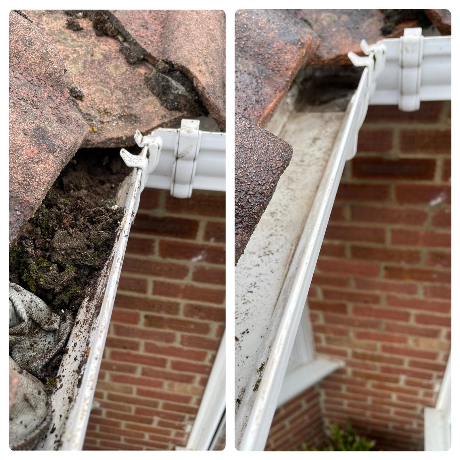Before and after comparison of a heavily blocked gutter after clearance