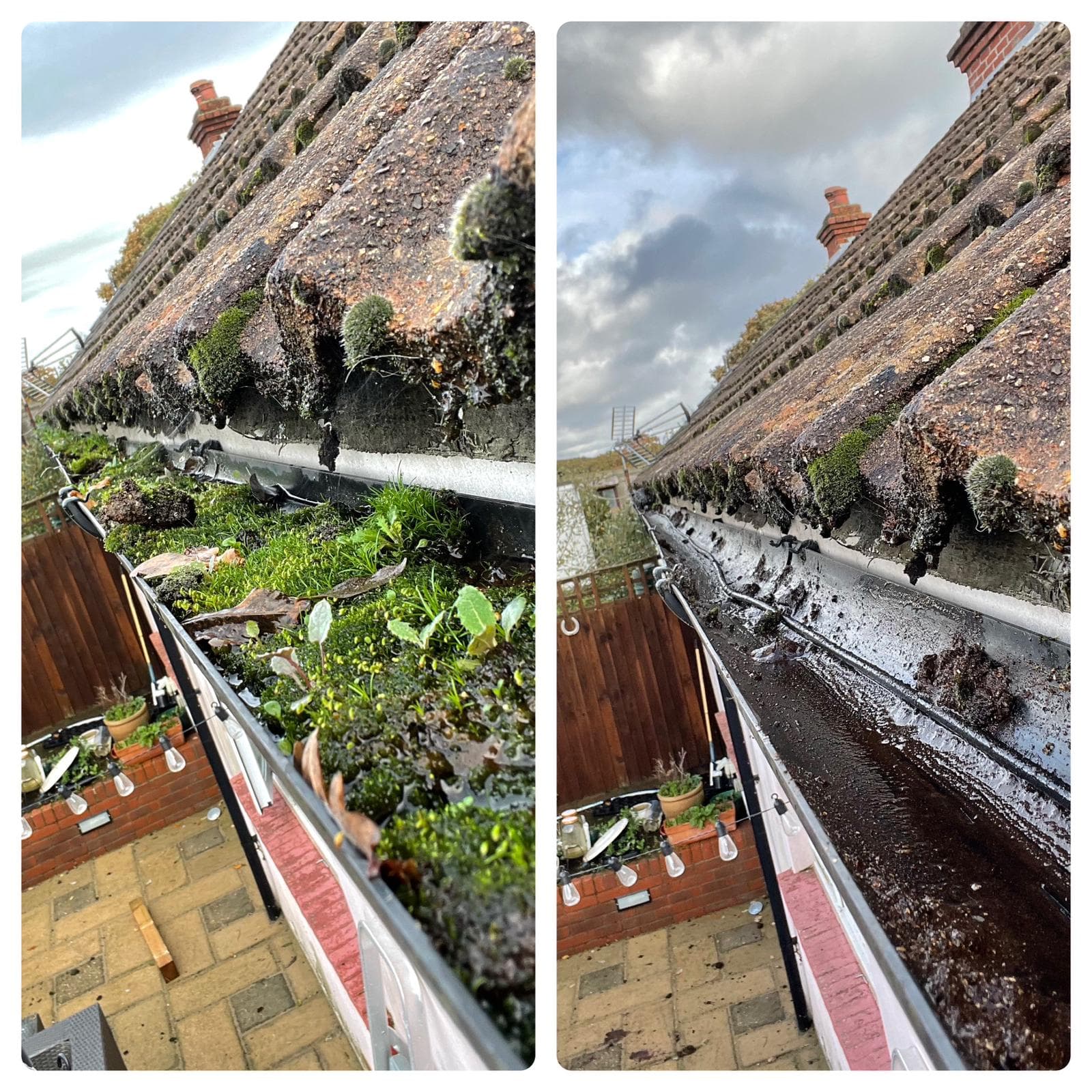 Before and after comparison of related roofline gutter clearance work