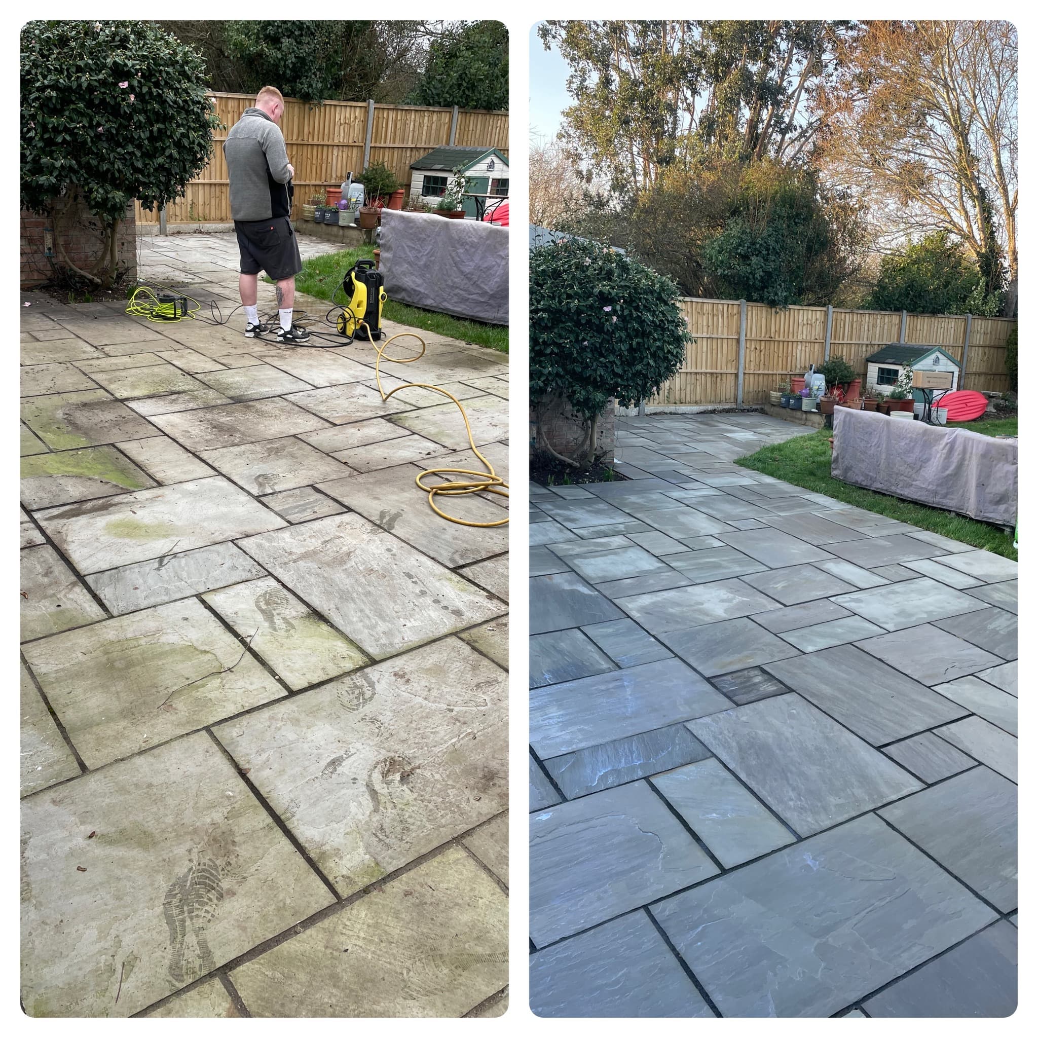 Before and after comparison of a large patio after pressure washing