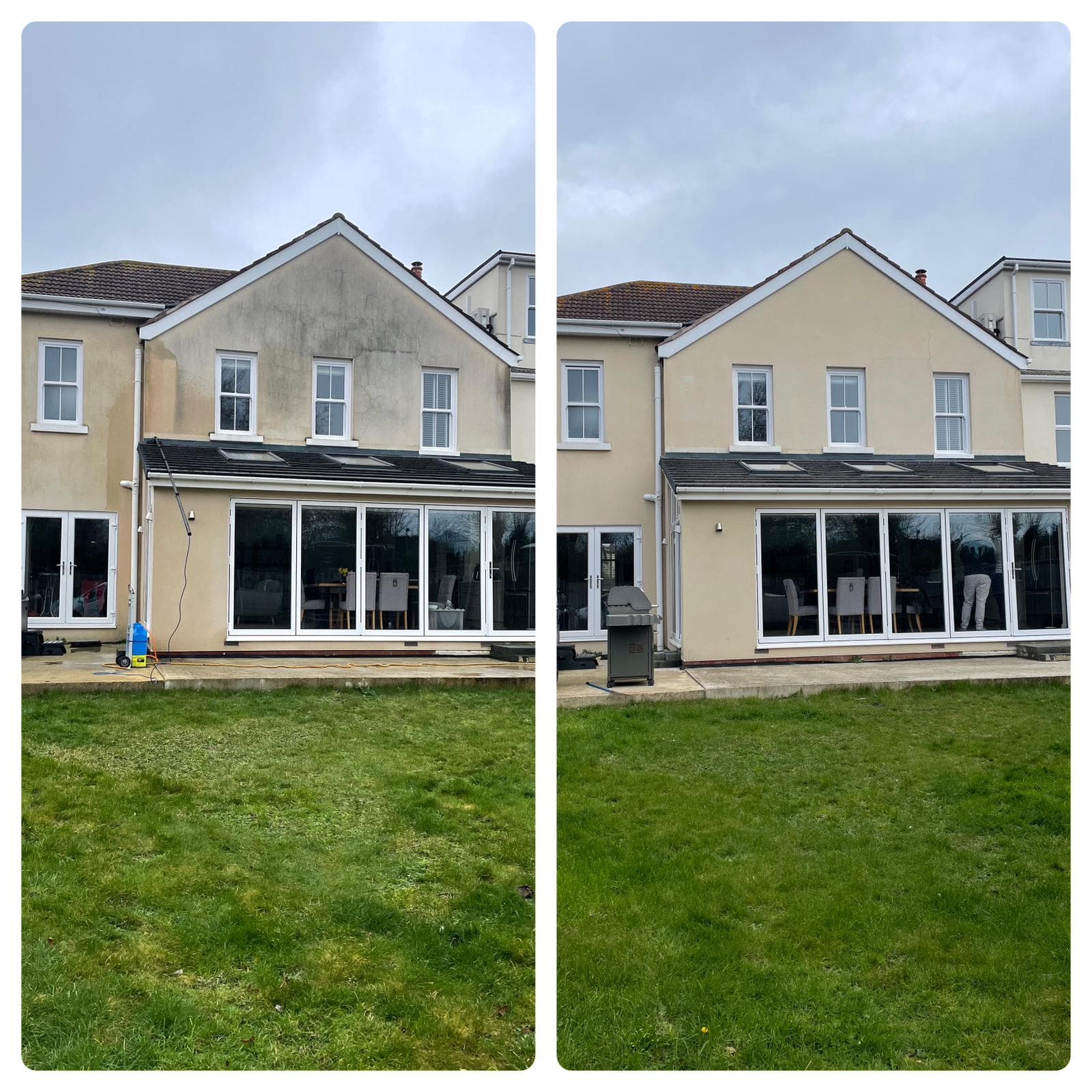 Before and after comparison of a rendered rear elevation following softwashing