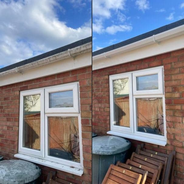 Before and after comparison of exterior window and white uPVC cleaning