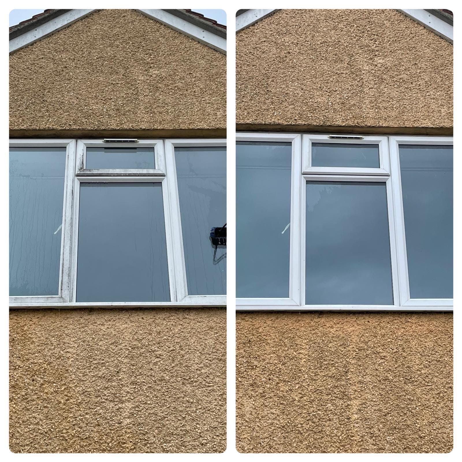 Before and after comparison of exterior window frames cleaned by Glacier Cleaning Services